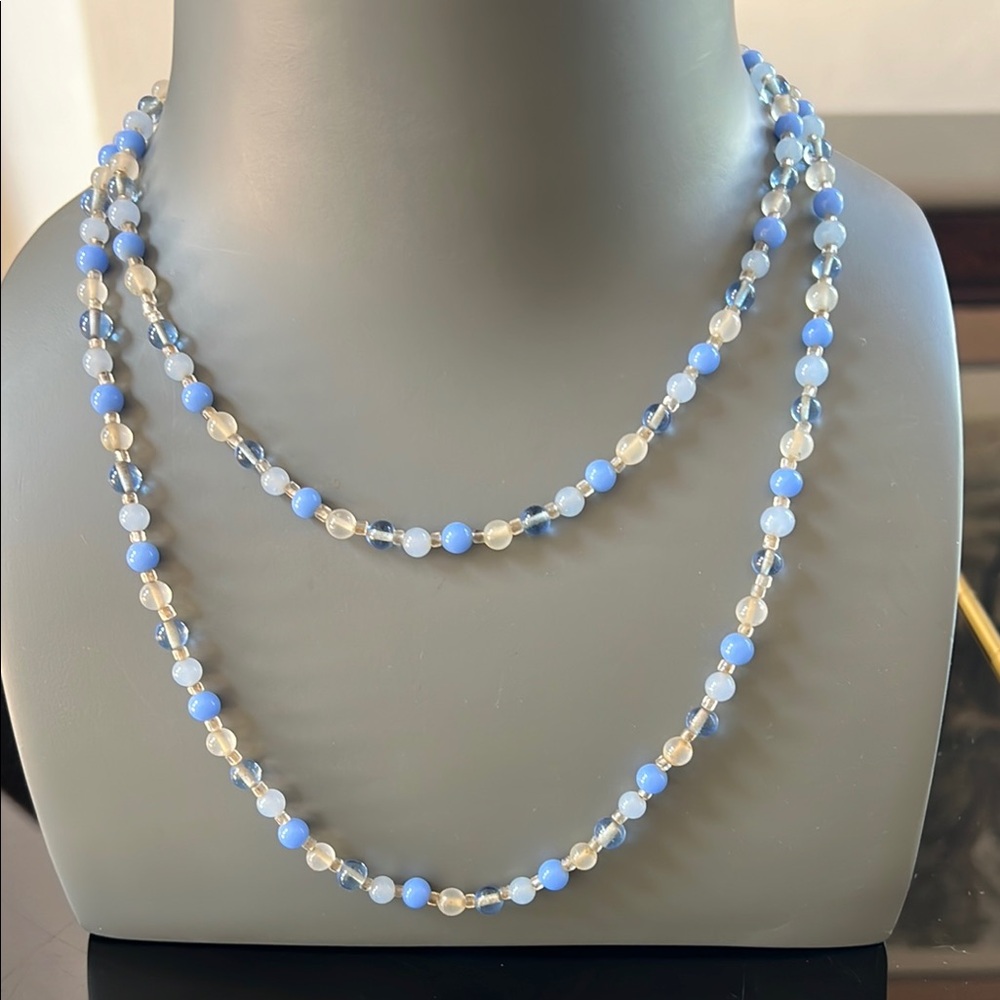 Elegant Light Blue and Cream Beaded 21” Long Necklace
